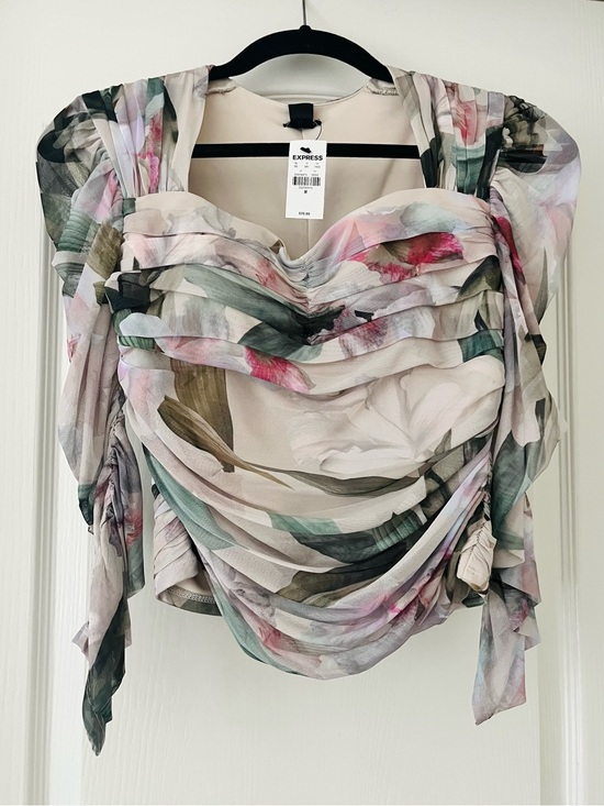Express Tops - NWT Express Floral Ruched Sheer Top - Cream, Pink, Green